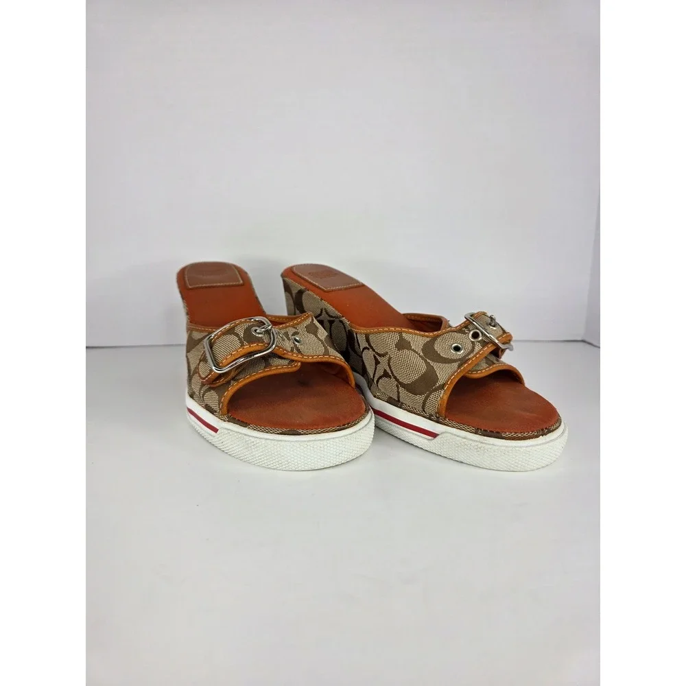 Coach Alyssa Wedge Sandals Womens 8.5 B Brown Canvas Monogram Buckle C Logo